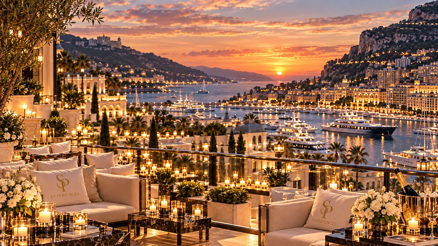 Luxury terrace overlooking Monaco harbour with yachts and champagne at sunset