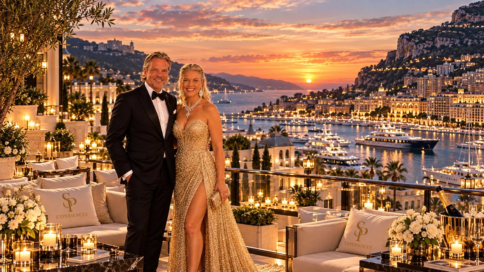Sini and Peter on a luxury terrace overlooking Monaco harbour at sunset